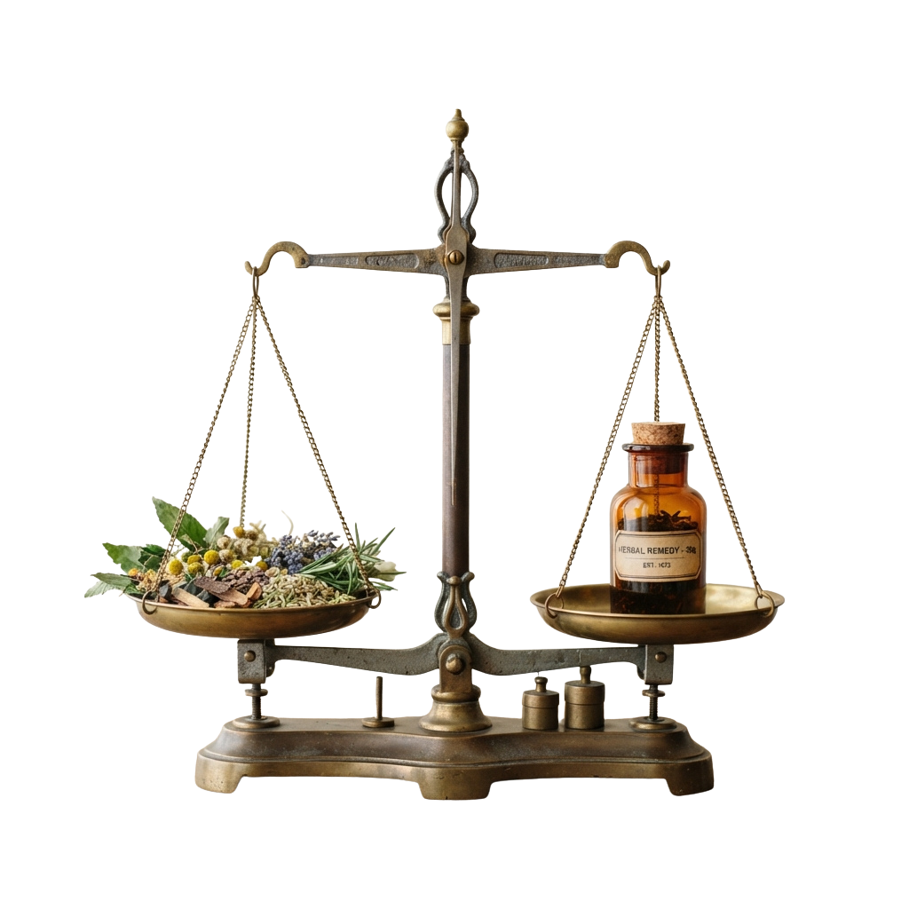 Antique balance scale with herbs on one side and a remedy bottle on the other