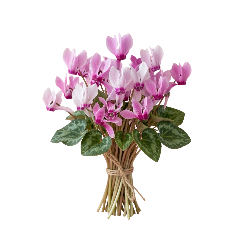 A bouquet of pink cyclamen flowers with green leaves tied together with twine