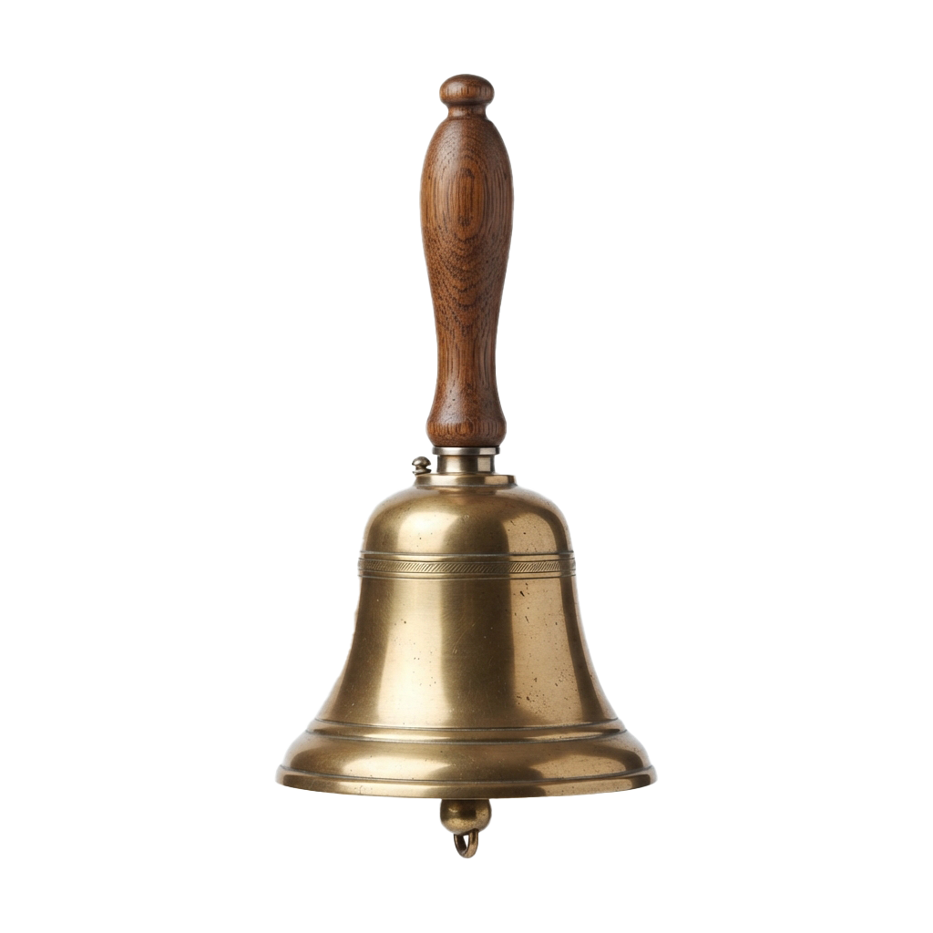 A brass-colored bell with a wooden handle against a dark background