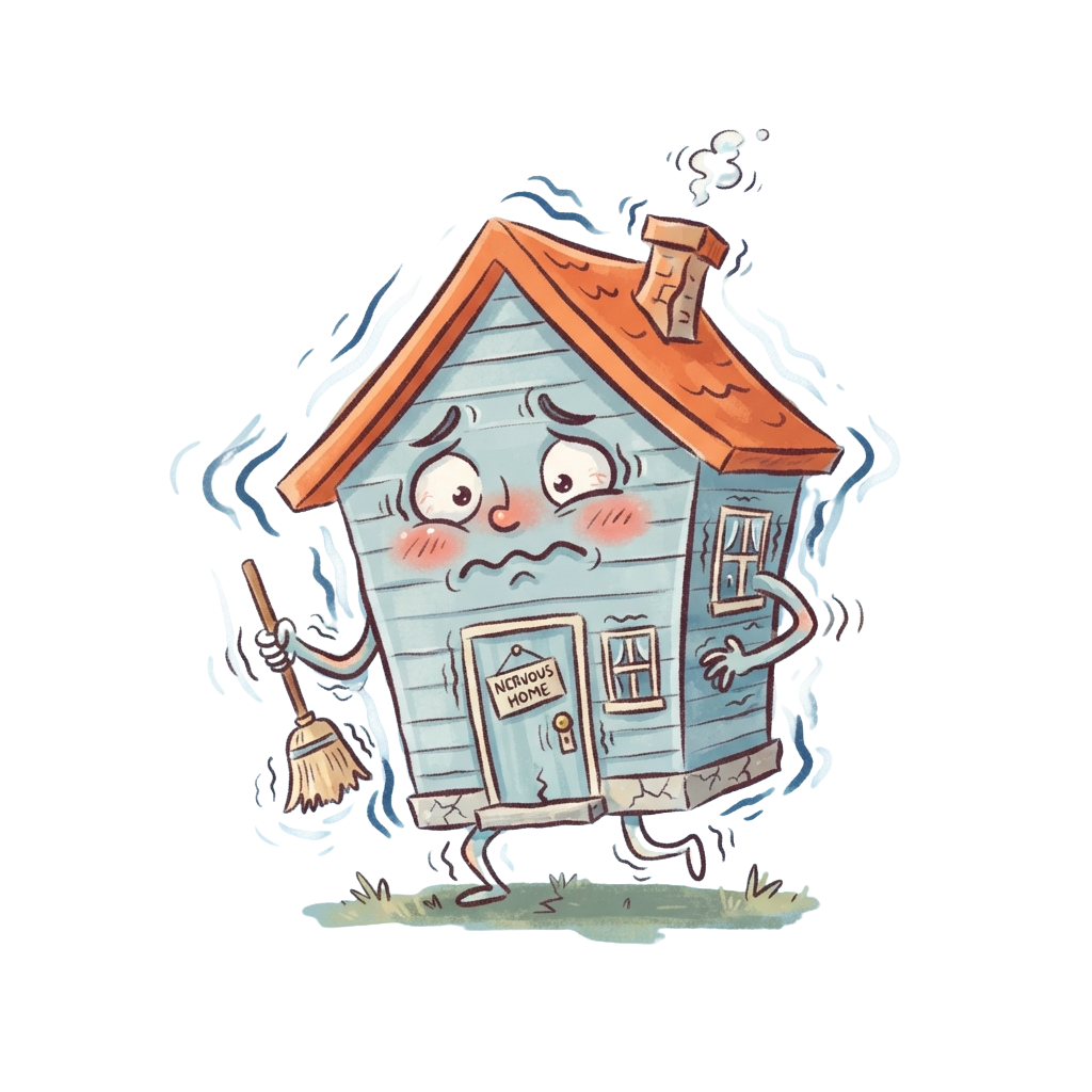 Animated house with a sad face, labeled Nervous Home, standing on a broomstick holding another broom