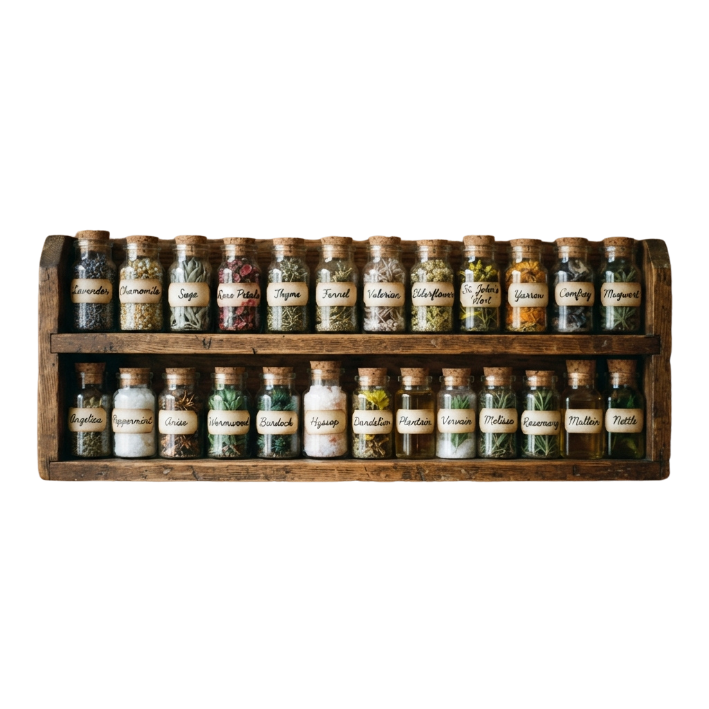 Two-tiered wooden shelf displaying 20 labeled glass jars of dried herbs and spices