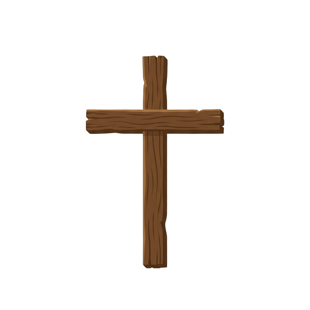 A simple wooden cross with a rough texture against a dark background