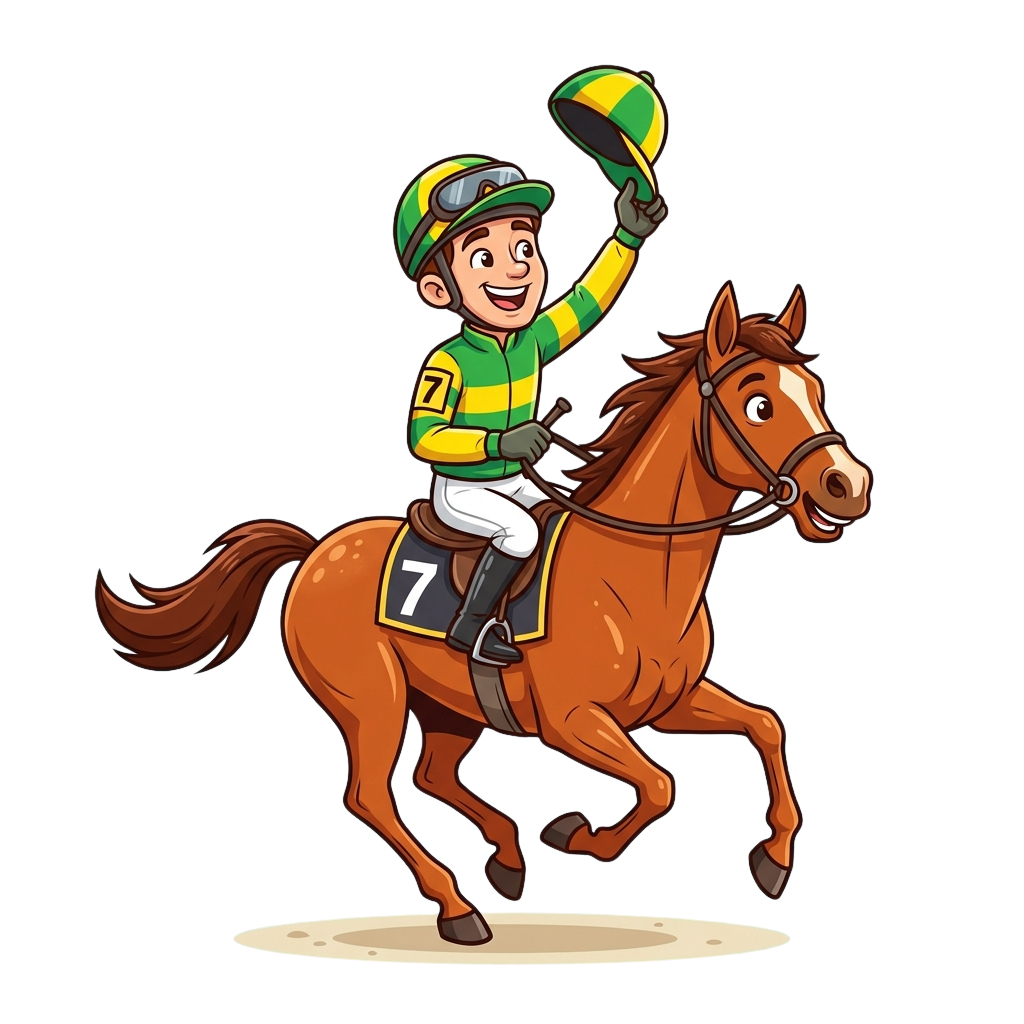 A jockey in green and yellow racing silks riding a brown horse, raising a victory helmet in celebration