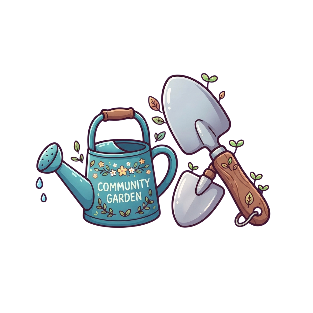 Illustration of a watering can labeled community garden and a wooden-handled shovel with sprouting plants around them