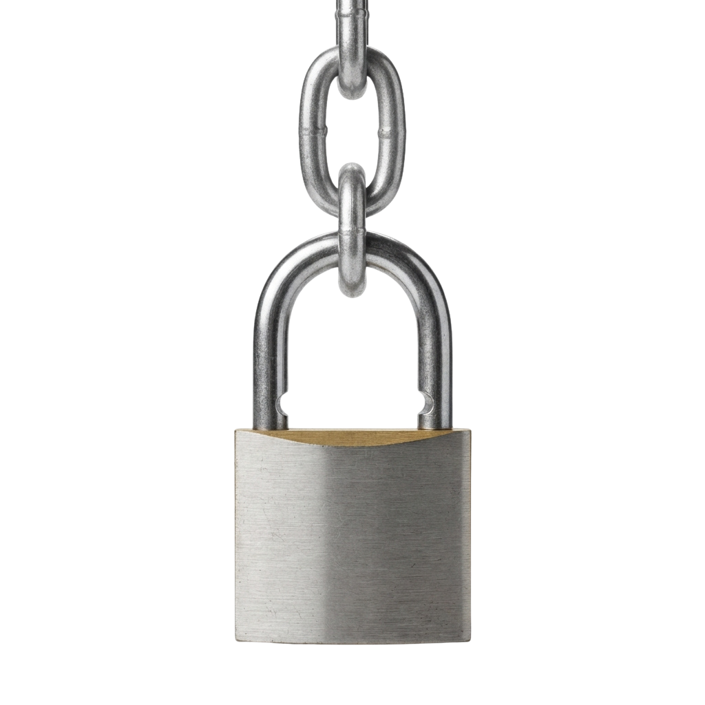 A close-up image of a silver metal padlock attached to a chain against a black background