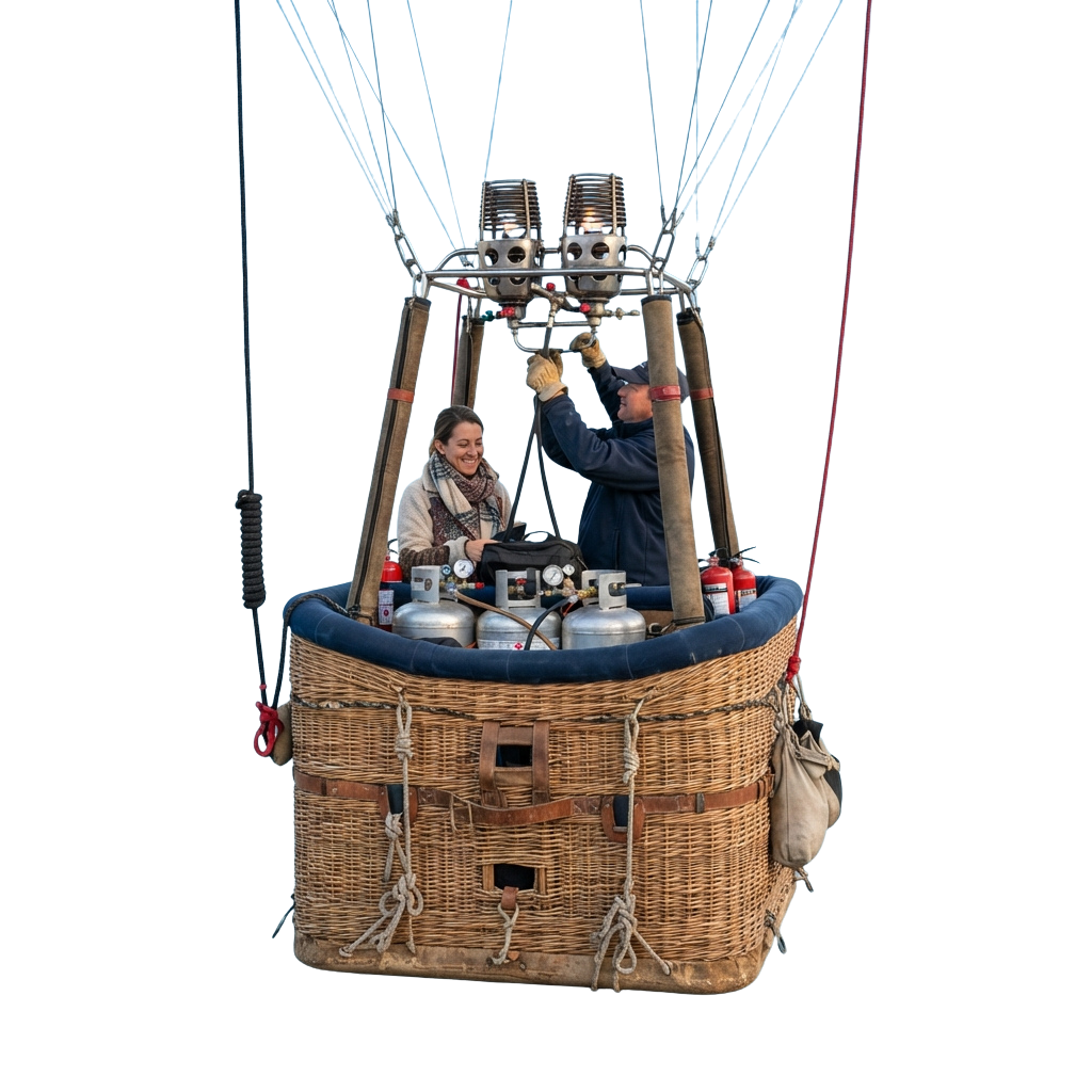 Two people in a wicker basket hot air balloon at night, handling gas burners and controls.