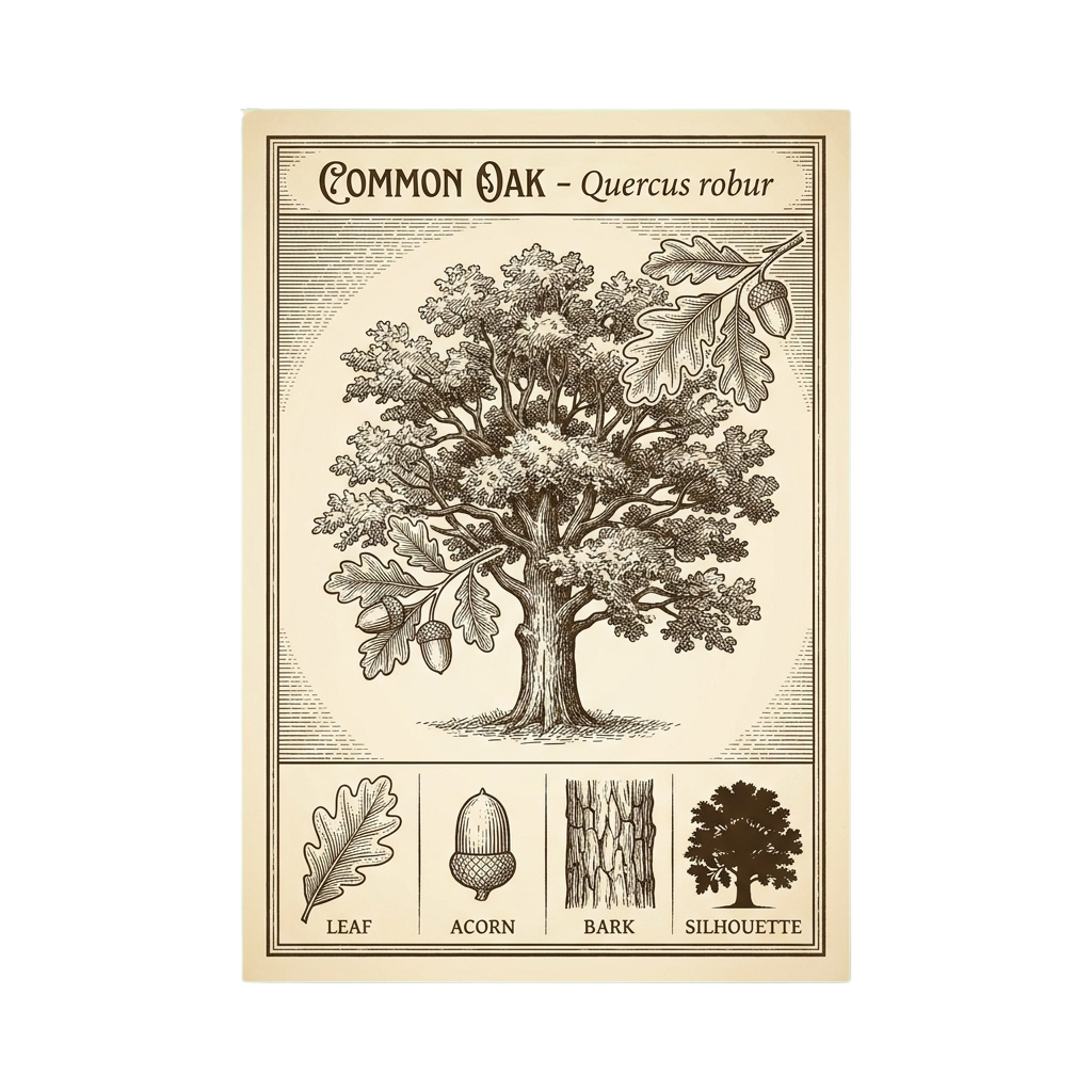 Illustration of a Common Oak tree with leaf, acorn, bark, and silhouette details
