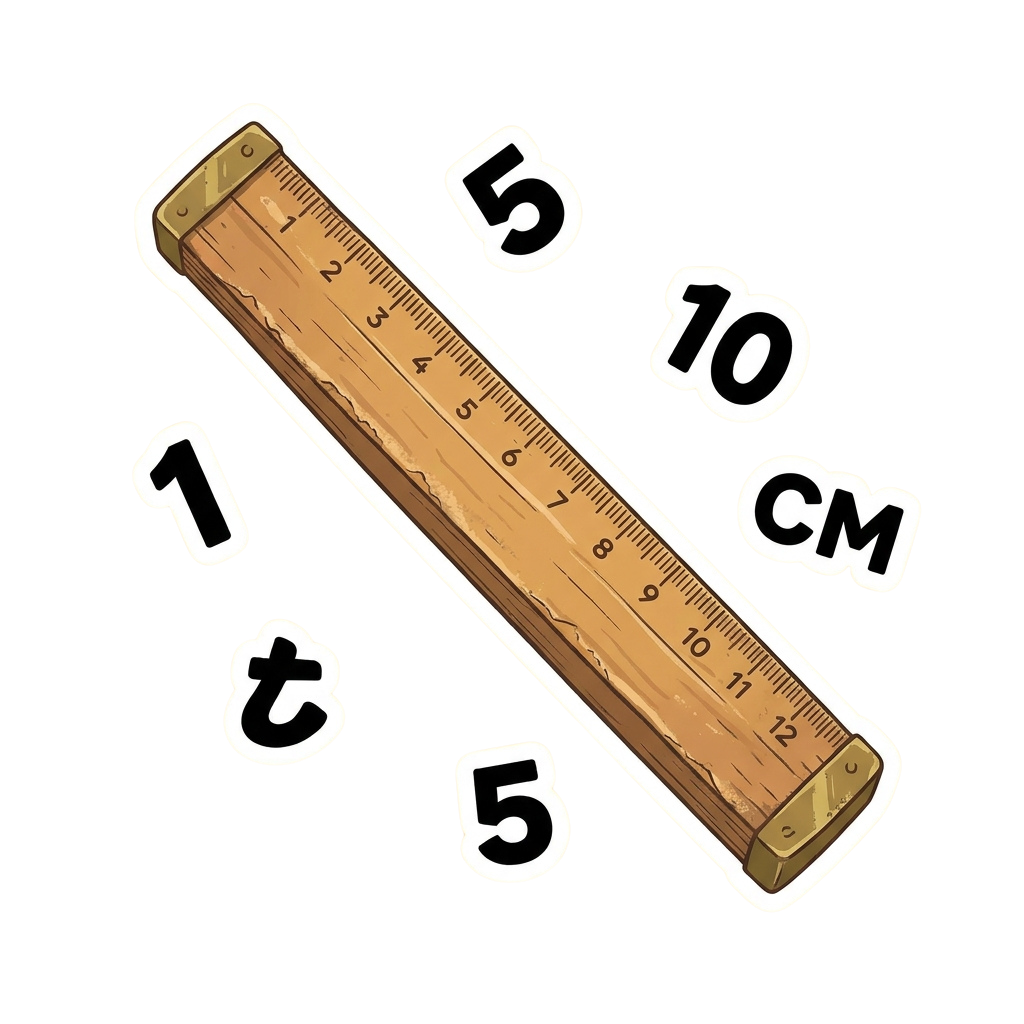 Illustration of a wooden ruler showing measurements in centimeters with labels 5, 10, 1, 2, and 5 cm