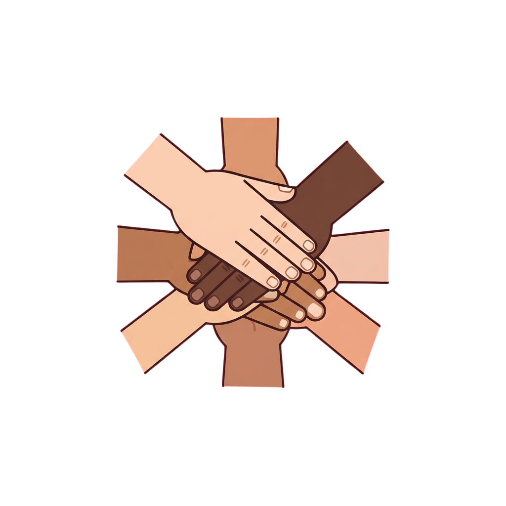 Illustration of multiple hands of different skin tones clasping together in a circle