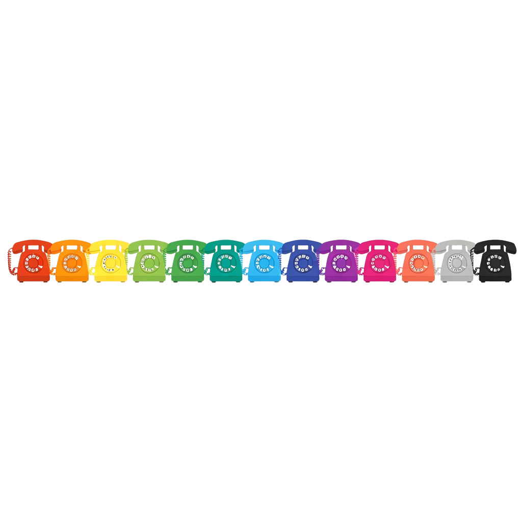 Nine small colorful rotary telephones arranged in a row on a black background