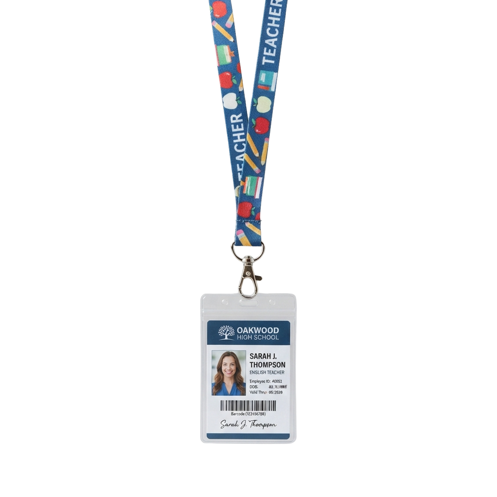 Teacher identification badge on a colorful school-themed lanyard with the word TEACHER printed on it