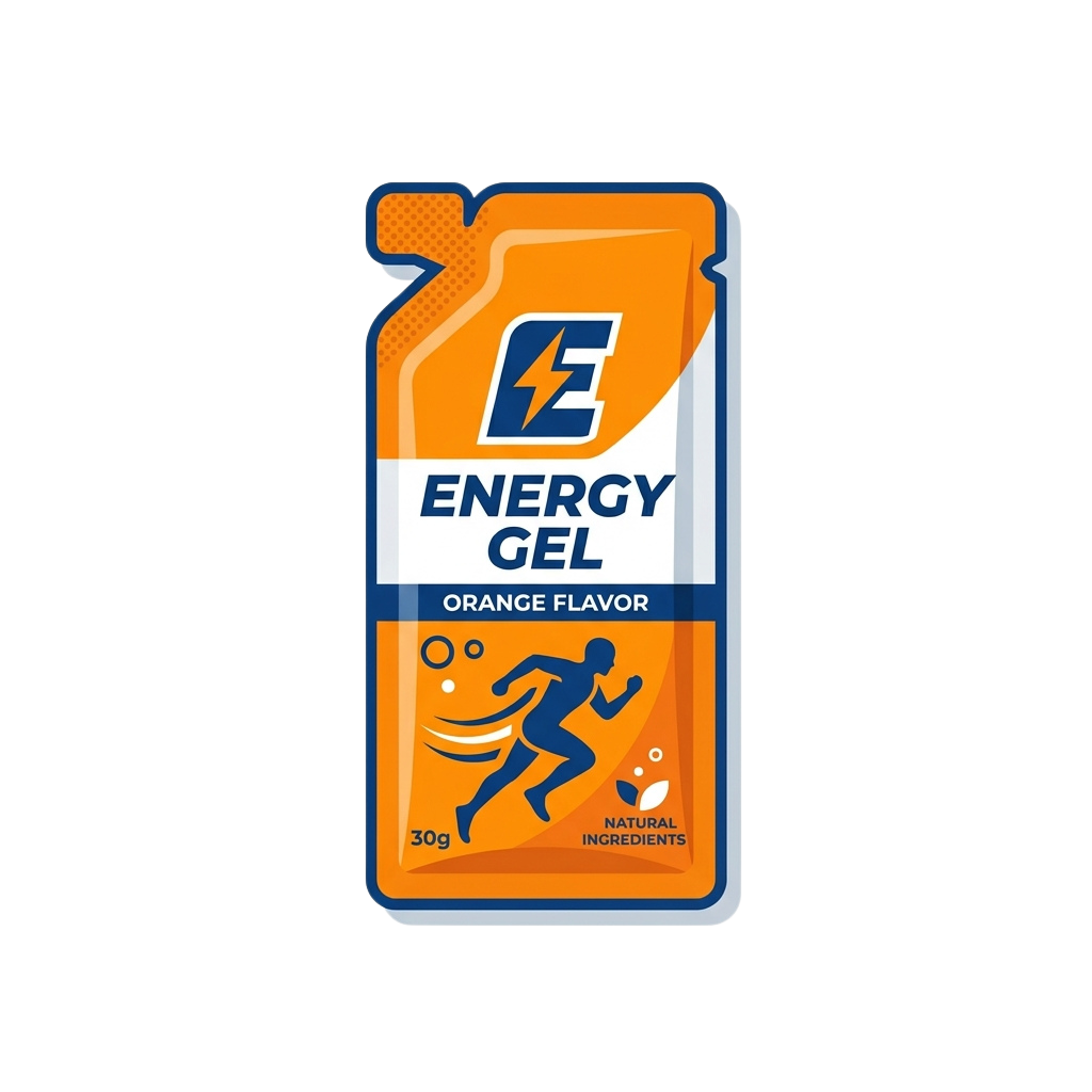 Bright orange energy gel packet labeled for athletic use with a running silhouette graphic