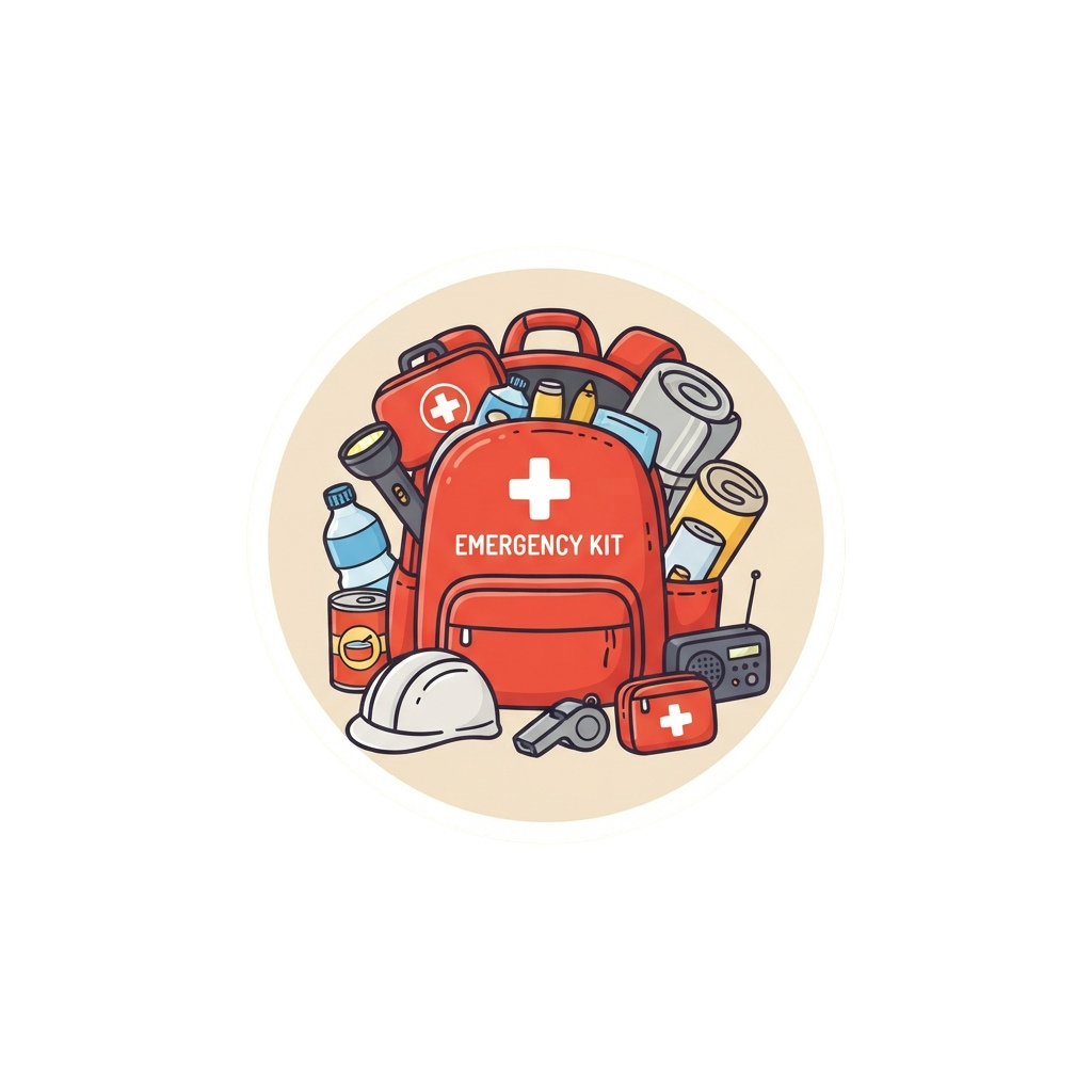 Illustration of a red emergency kit backpack filled with supplies like water, first aid, food, and tools