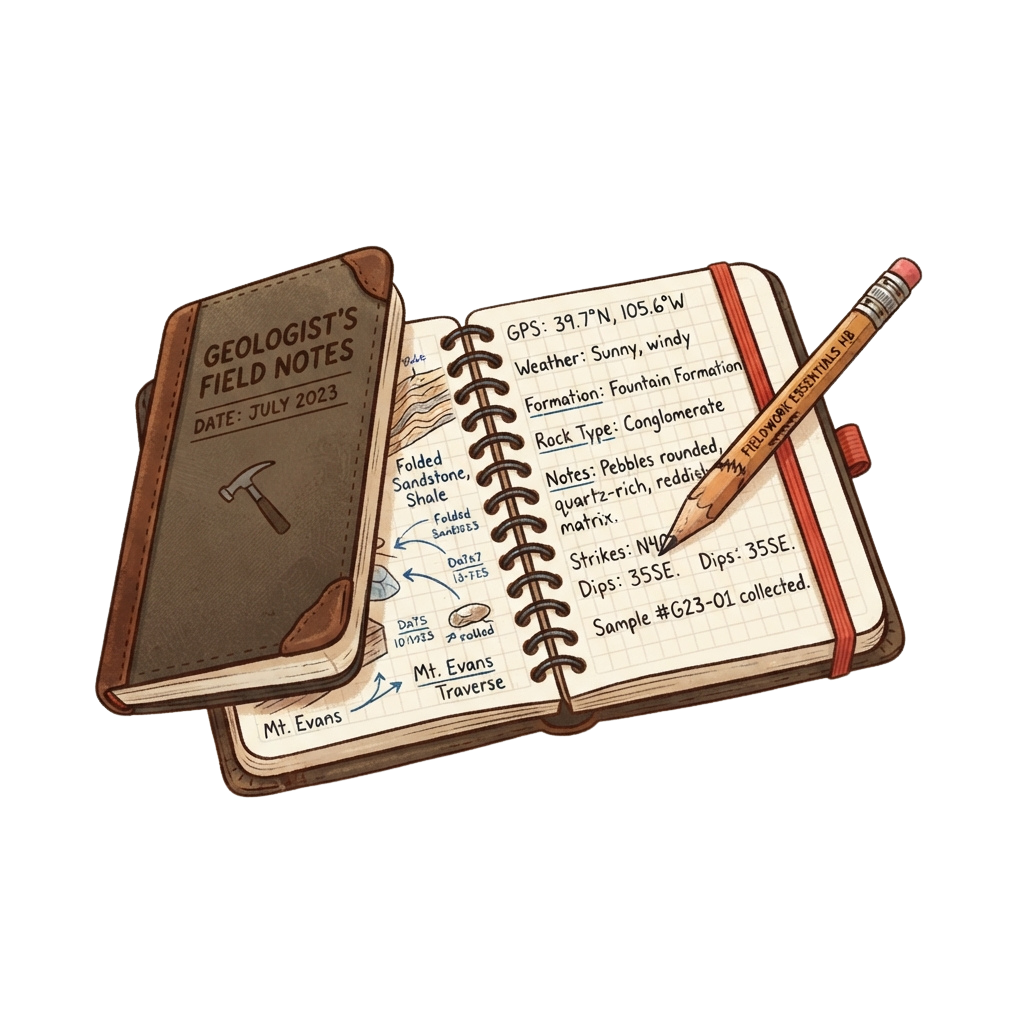 Illustration of an open geologist notebook showing field notes, rock type details, and a pencil