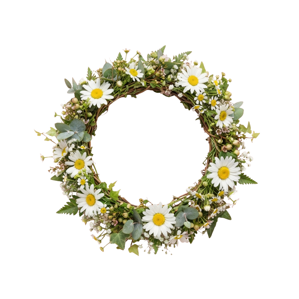 A circular wreath made of white daisies, green leaves, and twigs on a dark background