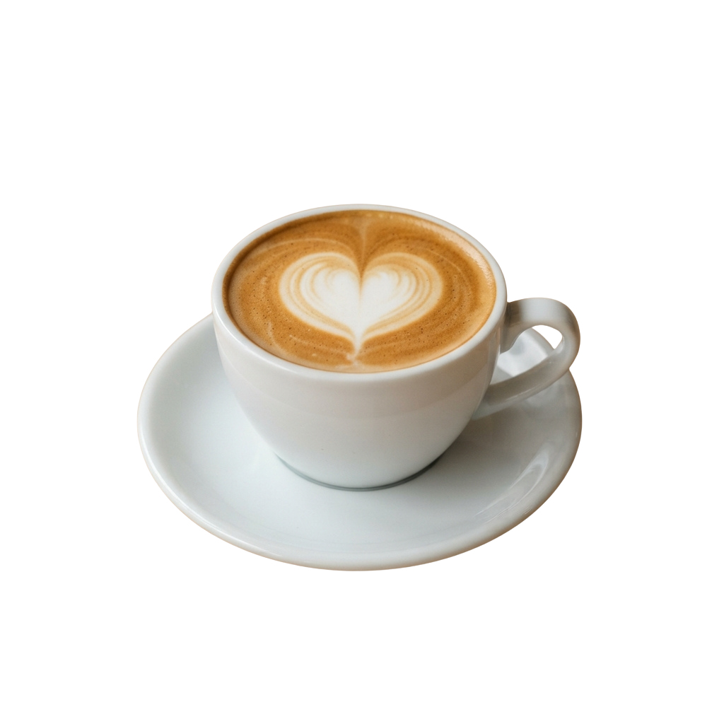 A white cup of cappuccino with a heart-shaped latte art on top, placed on a matching saucer