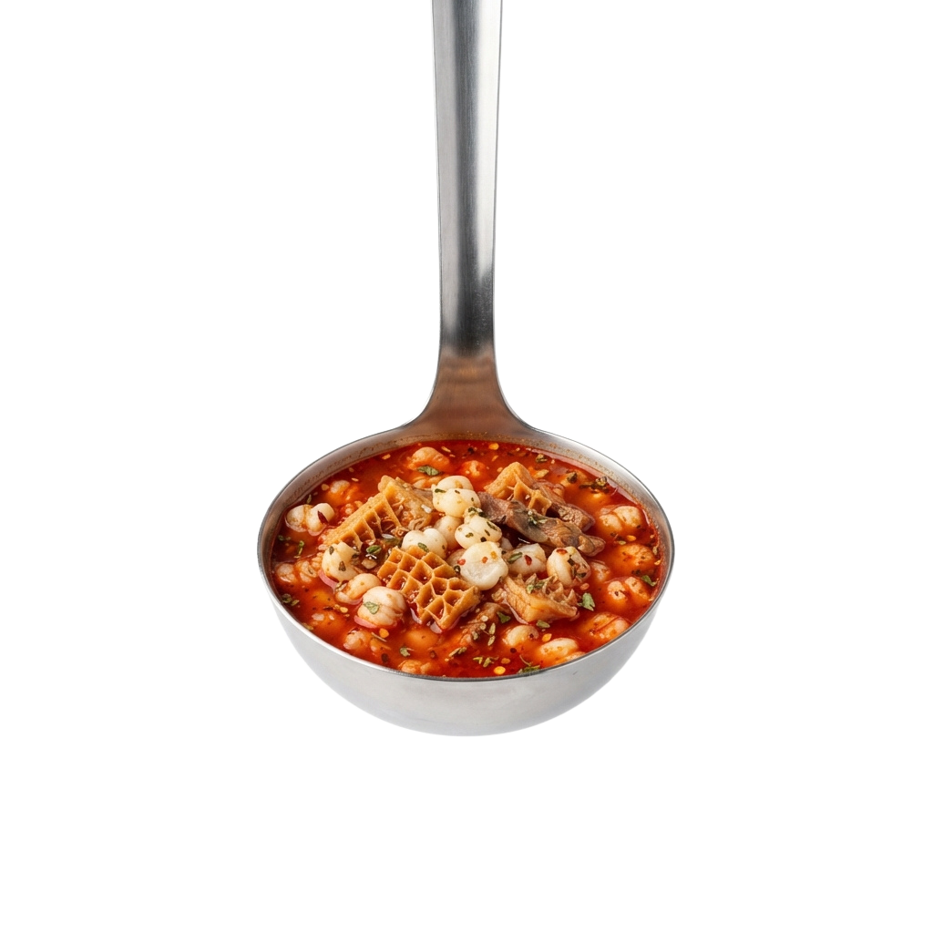 A spoon filled with tomato-based pasta soup containing chickpeas and pasta pieces