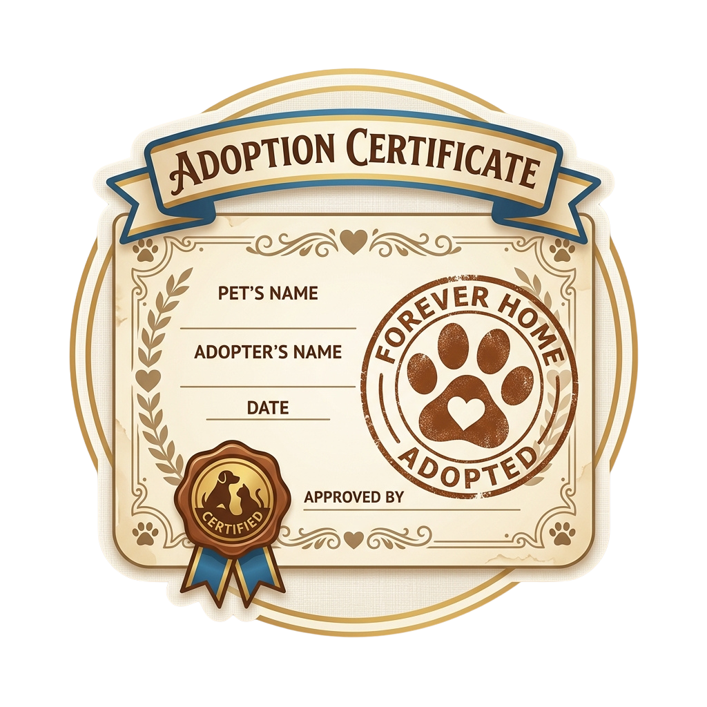 Illustrated adoption certificate for a pet with paw print and forever home seal