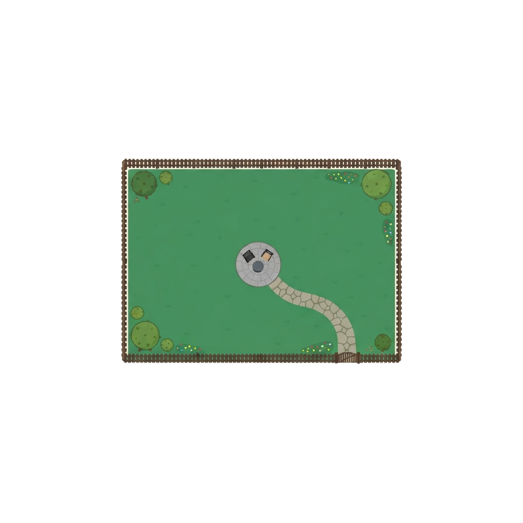A top-down view of a green platform game level featuring a winding path and various round objects