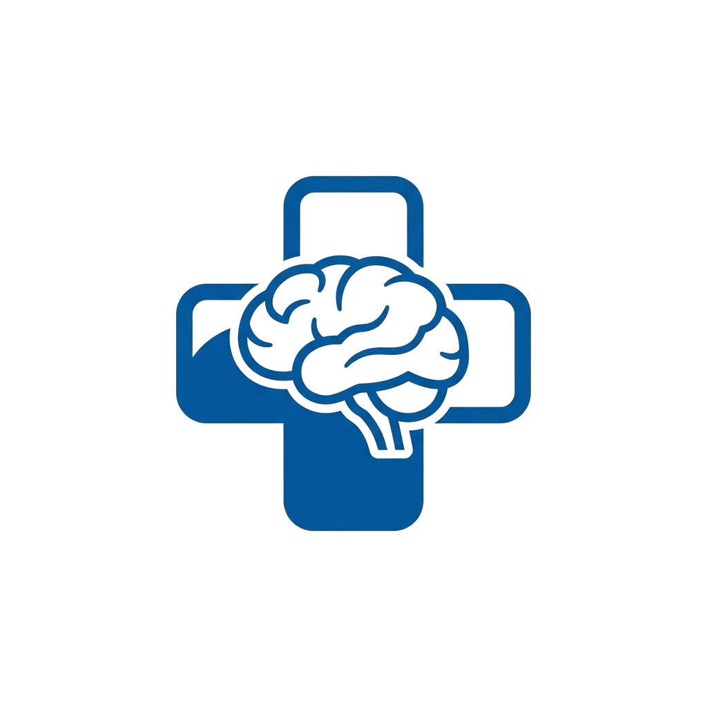 A blue medical cross symbol featuring a brain inside a smartphone outline
