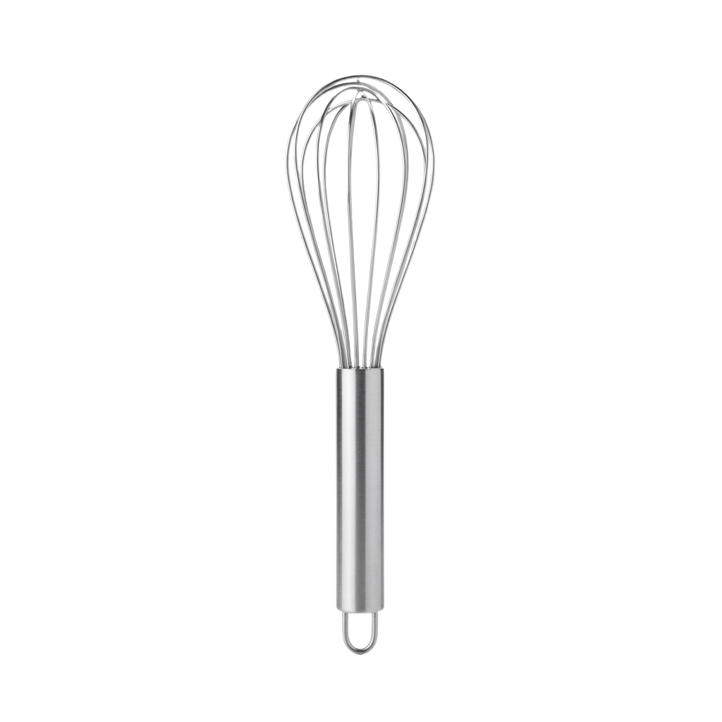A stainless steel balloon whisk with a long handle and wire loops for whipping and mixing