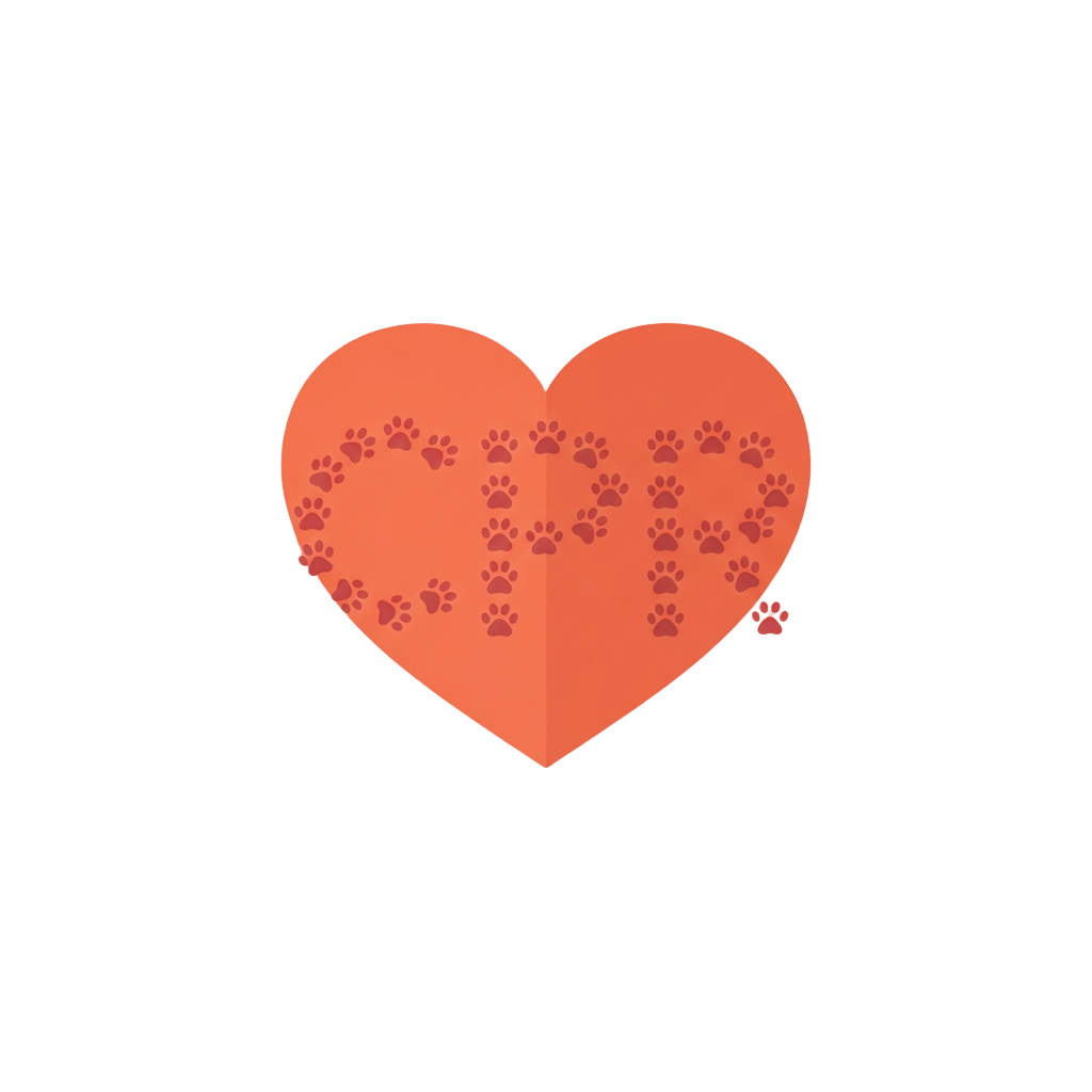 A heart filled with small dog paw prints in a light reddish-orange color against a black background