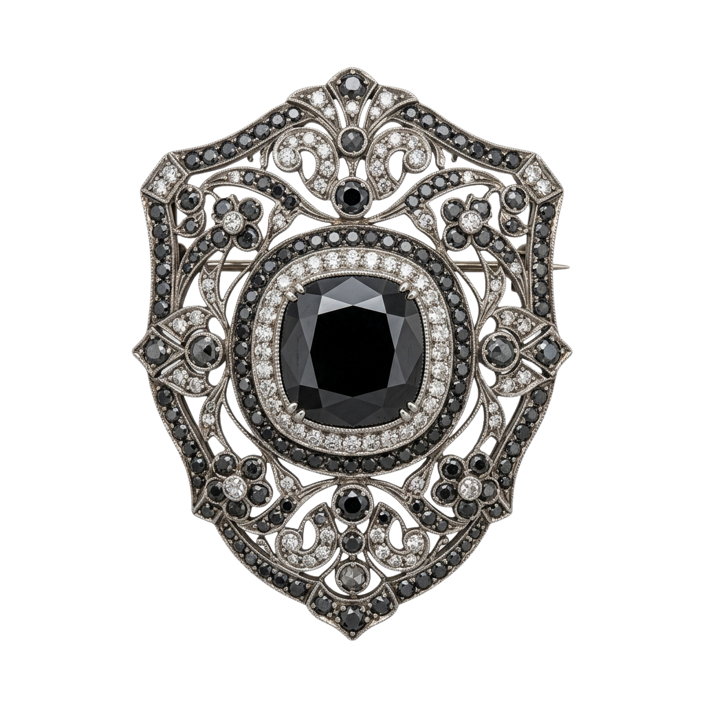 Intricate antique brooch featuring a large black gemstone surrounded by detailed filigree and small diamonds