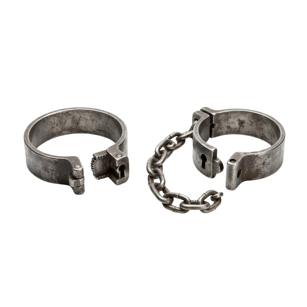 Two old metal manacles, one with a small chain attached, shown against a dark background