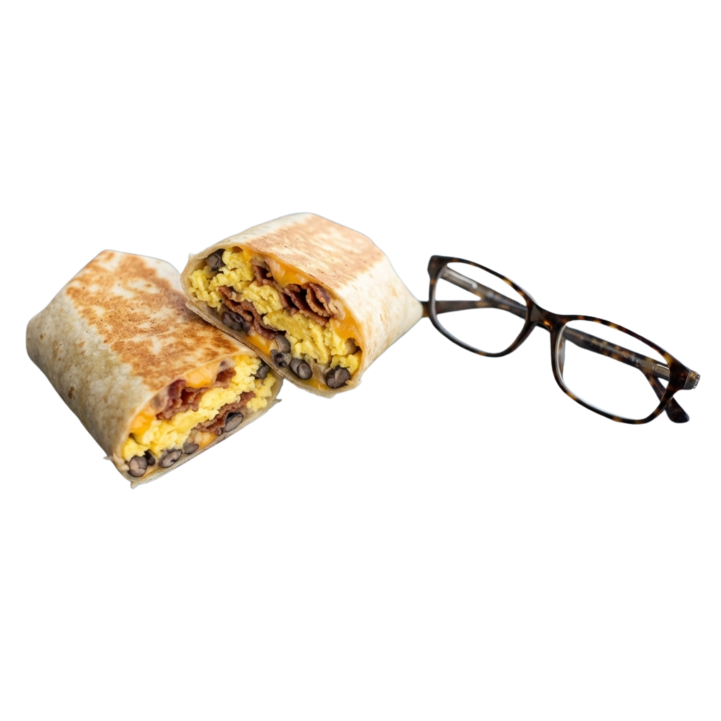 A breakfast wrap with egg, beans, and sauce next to a pair of glasses on a black background