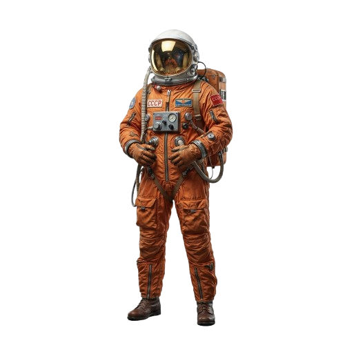 A detailed illustration of an astronaut wearing an orange spacesuit with a helmet and various equipment on the chest.