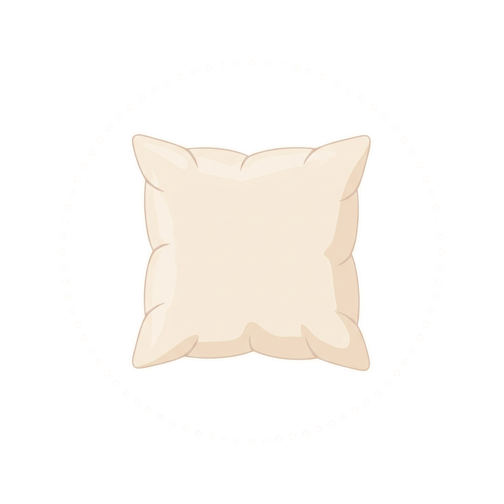 A square beige pillow centered inside a dotted circular outline on a black background