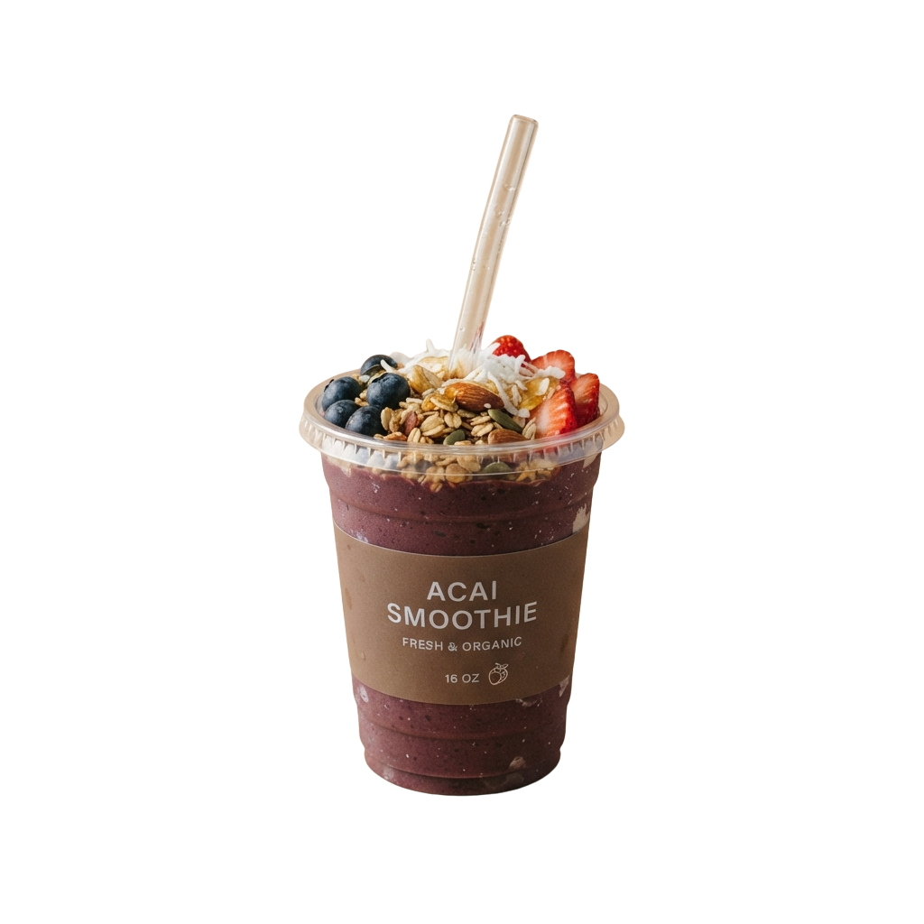 A 16 oz acai smoothie topped with granola, berries, and whipped cream in a clear plastic cup with a straw