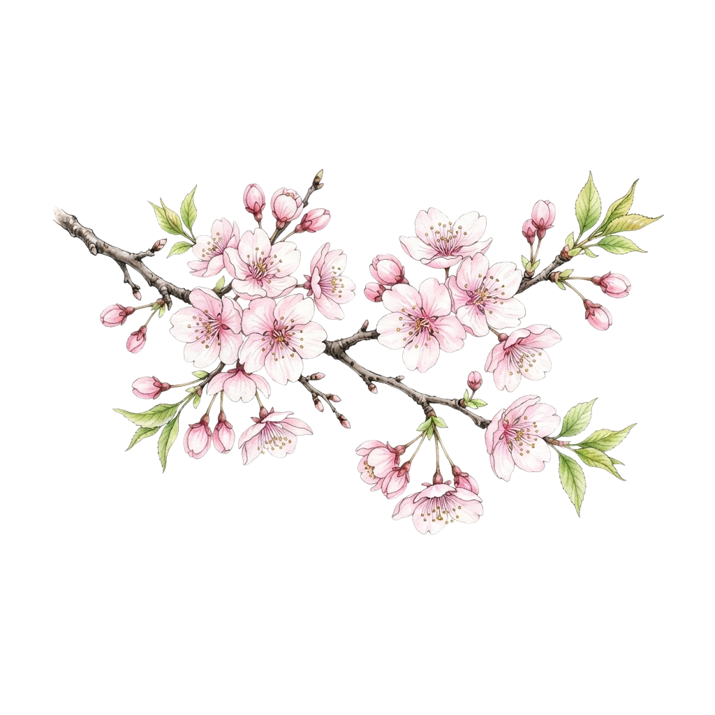 A detailed illustration of a branch with pink and white cherry blossom flowers and green leaves