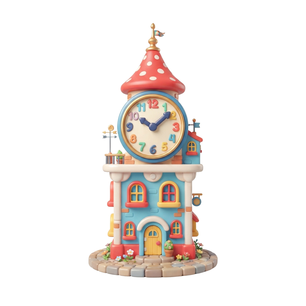 Decorative cake shaped like a clock tower with a whimsical house design and a red mushroom top