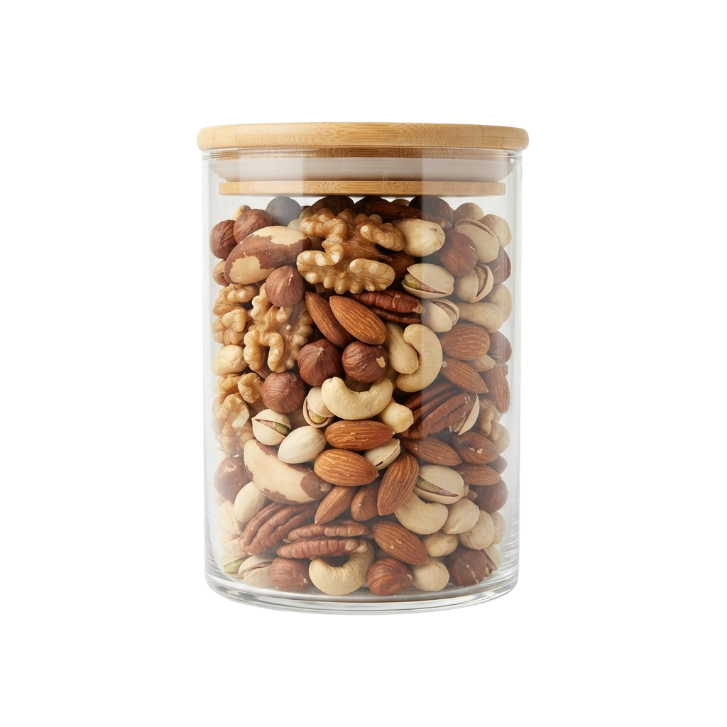A clear glass jar filled with assorted mixed nuts, topped with a wooden lid.