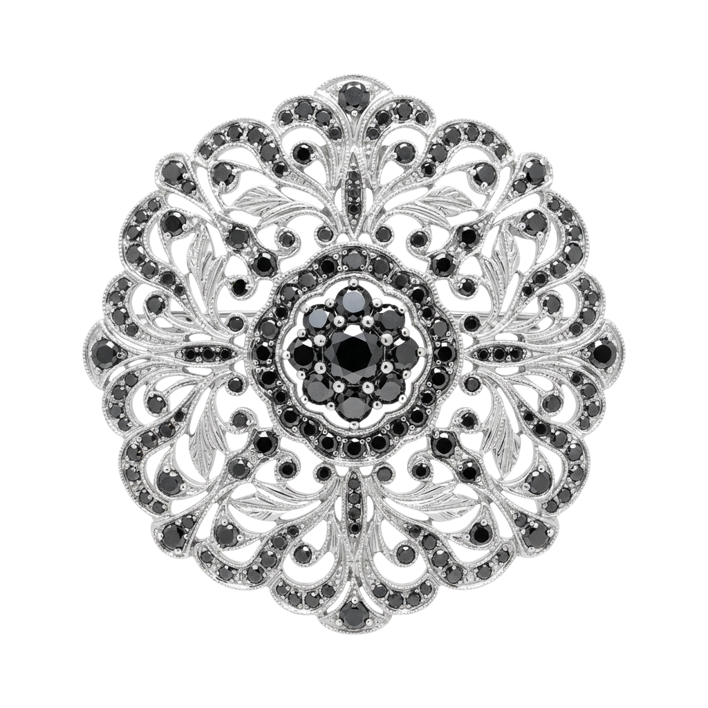 Intricate silver filigree brooch featuring floral designs and a central gemstone cluster