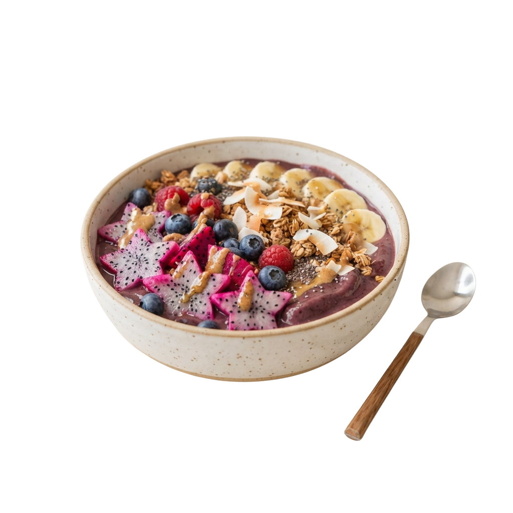 A bowl of colorful berry overnight oats topped with granola, banana slices, and coconut flakes on a white speckled plate with a spoon