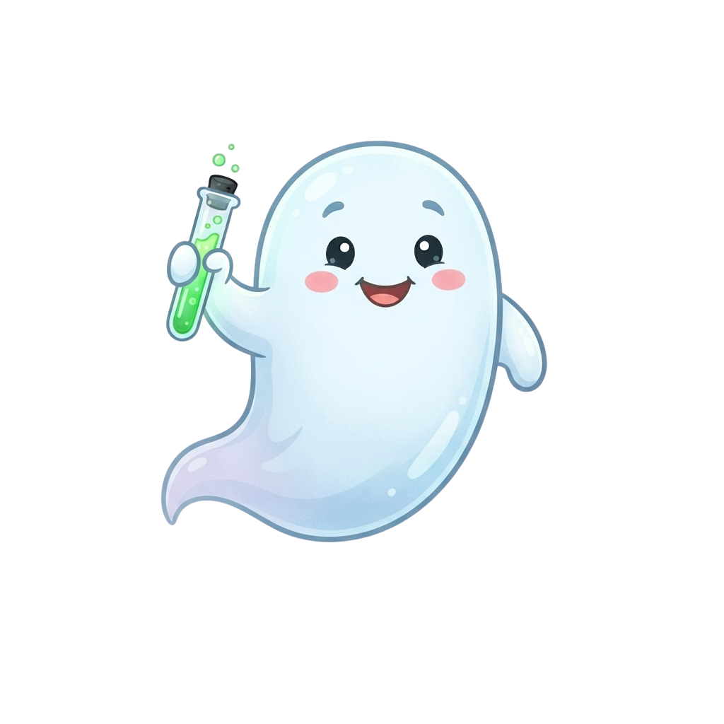 A friendly cartoon ghost holding a green liquid-filled test tube with bubbles