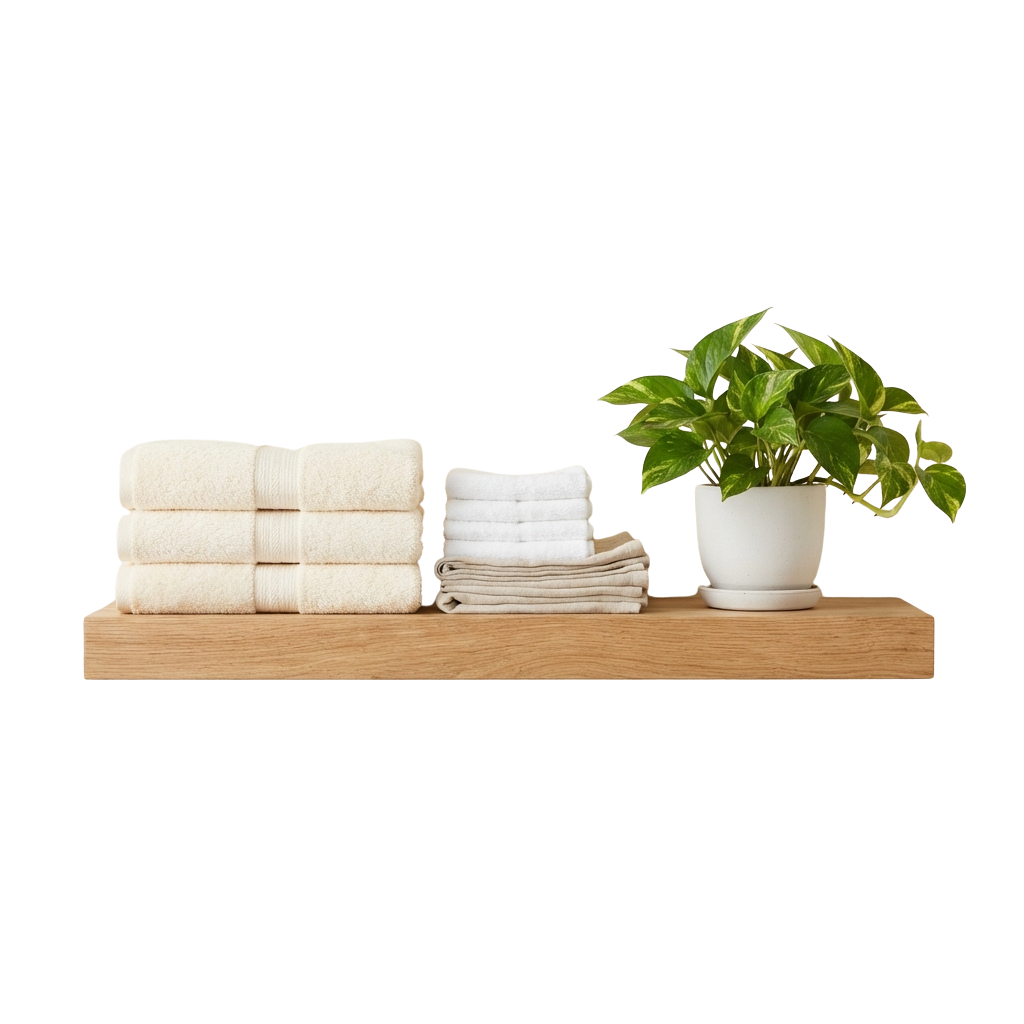 A wooden shelf displaying folded white towels and a potted green plant against a black background