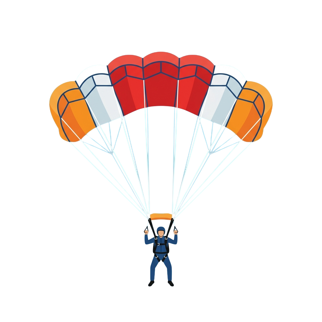 Person parachuting with a round parachute featuring orange, red, white, and gray panels