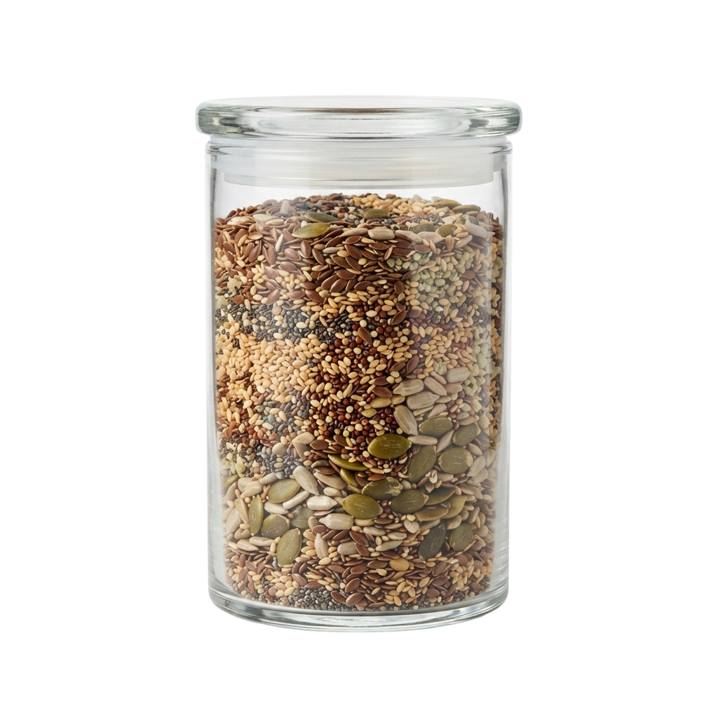 A clear glass jar containing a variety of seeds and grains with a metal lid