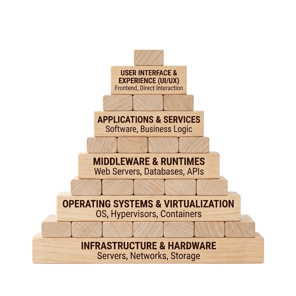 A pyramid of wooden blocks showing five layers of technology stack from hardware to user interface