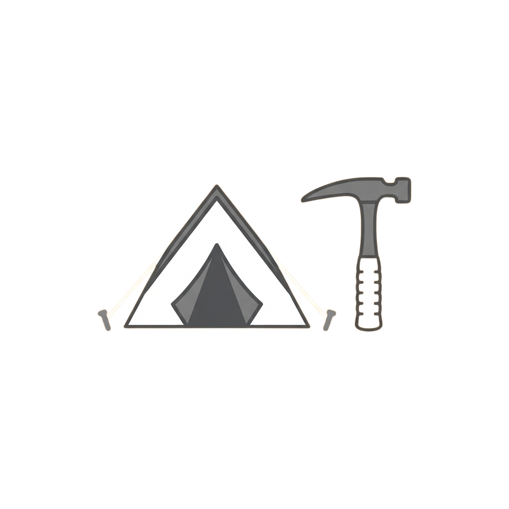 A triangular tent icon and a pickaxe icon on a dark background