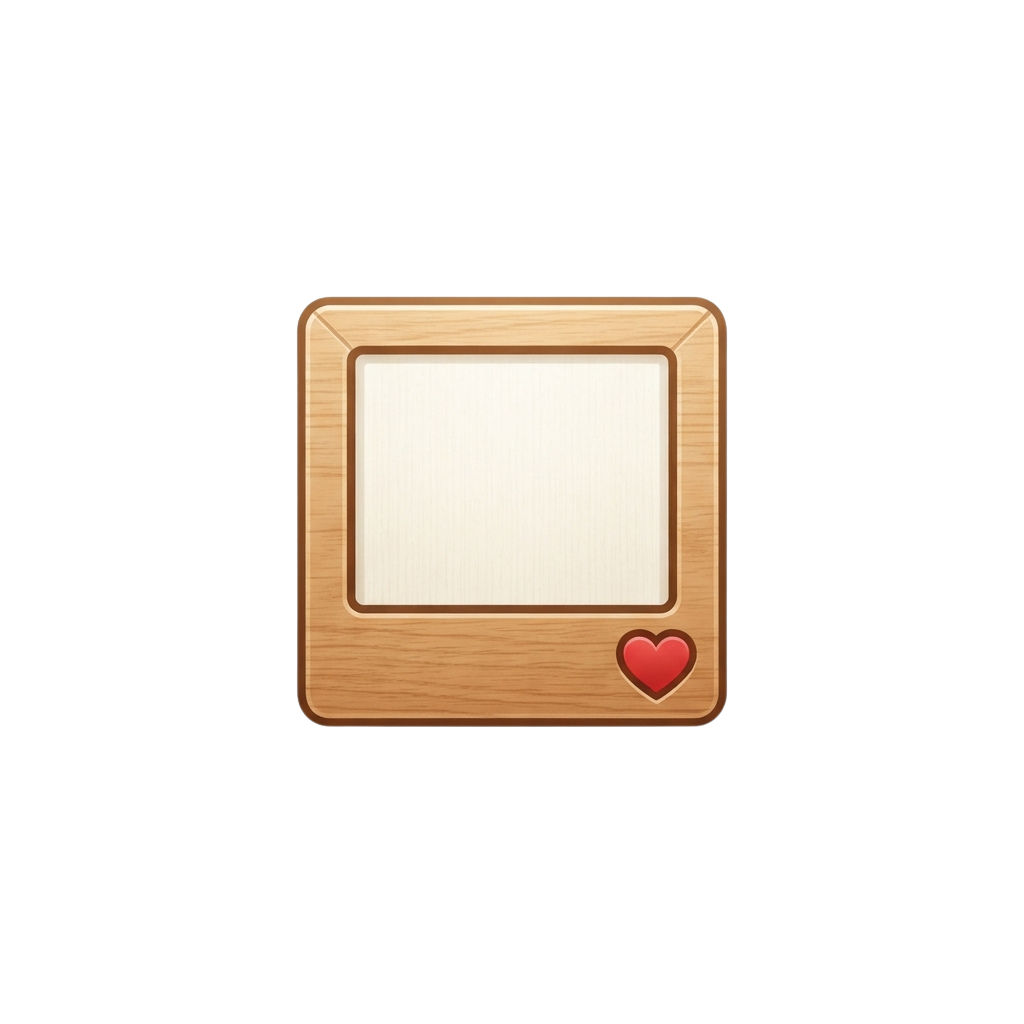 A wooden wall-mounted tablet holder with a red heart icon on the bottom right corner