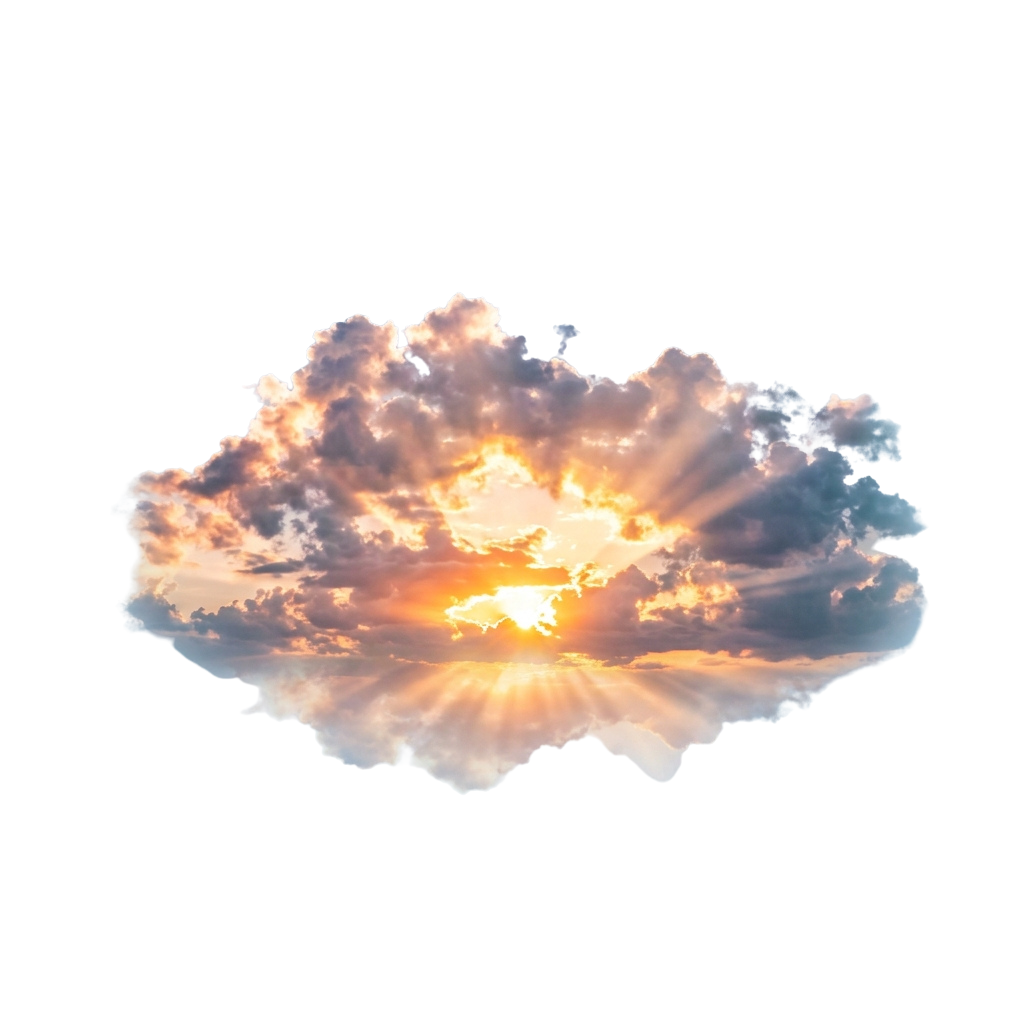 A bright sun peeking through large, fluffy clouds with golden rays spreading outward