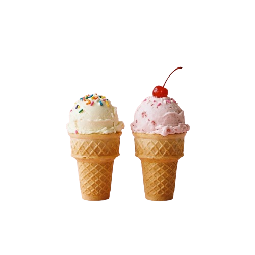 Two ice cream cones with vanilla ice cream sprinkled with colorful toppings and strawberry ice cream with a cherry on top.