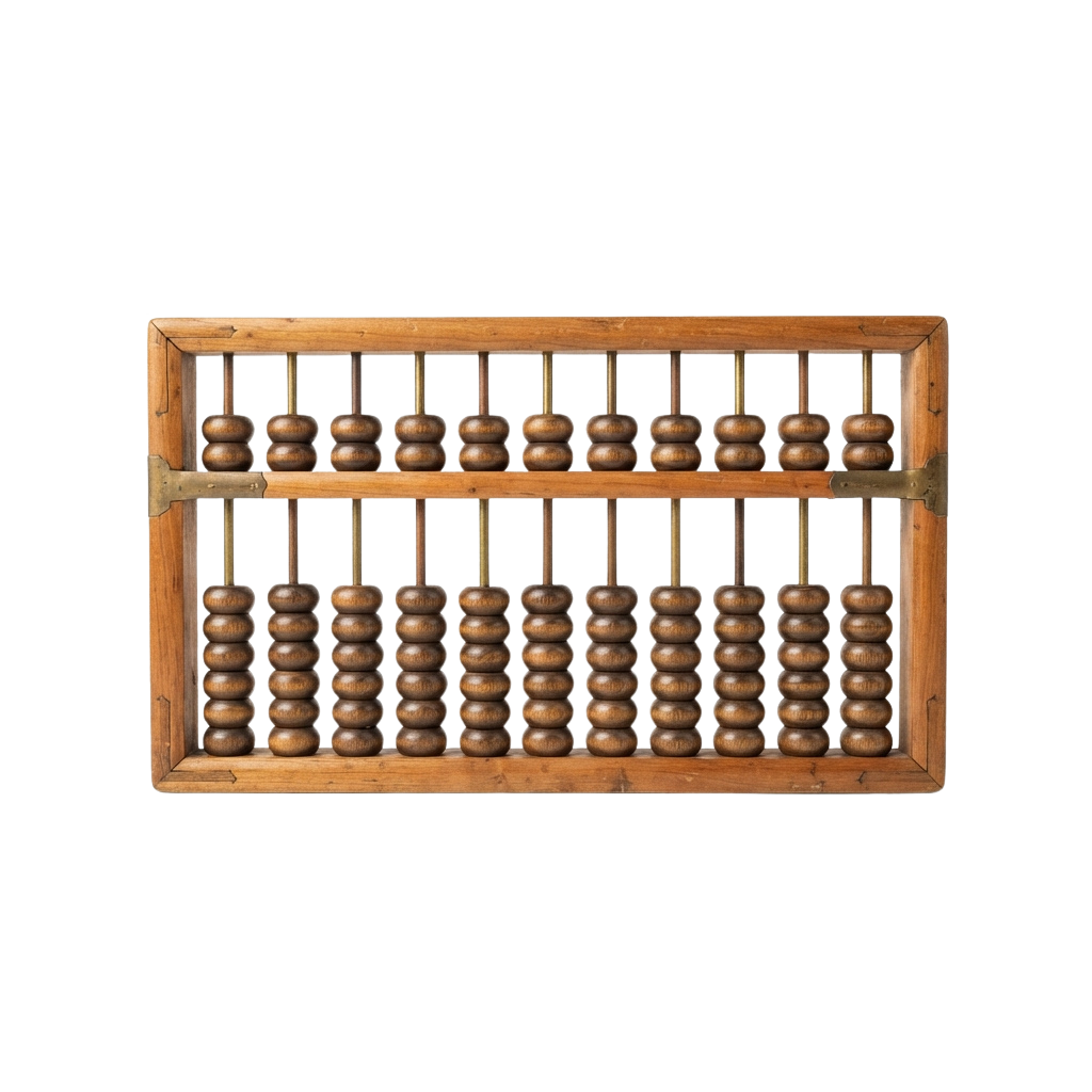 A wooden abacus with two rows of beads used for counting and calculations