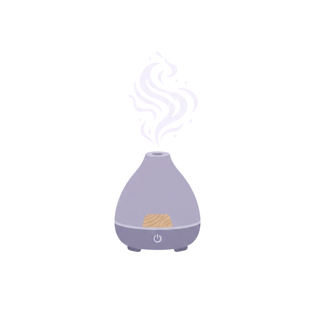 Illustration of a small essential oil diffuser emitting aromatic steam against a dark background