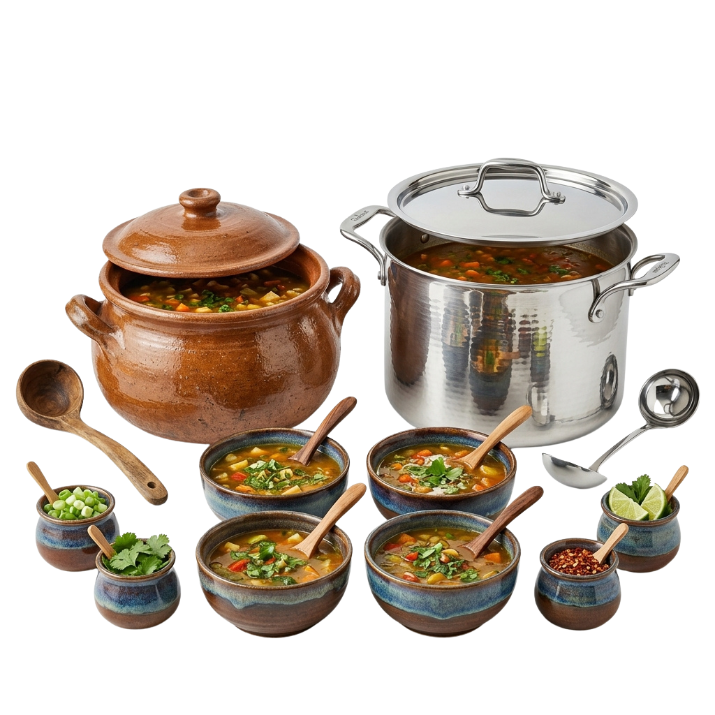 Clay pot, metal pot, bowls of soup, garnishes, and wooden spoons arranged on a black background