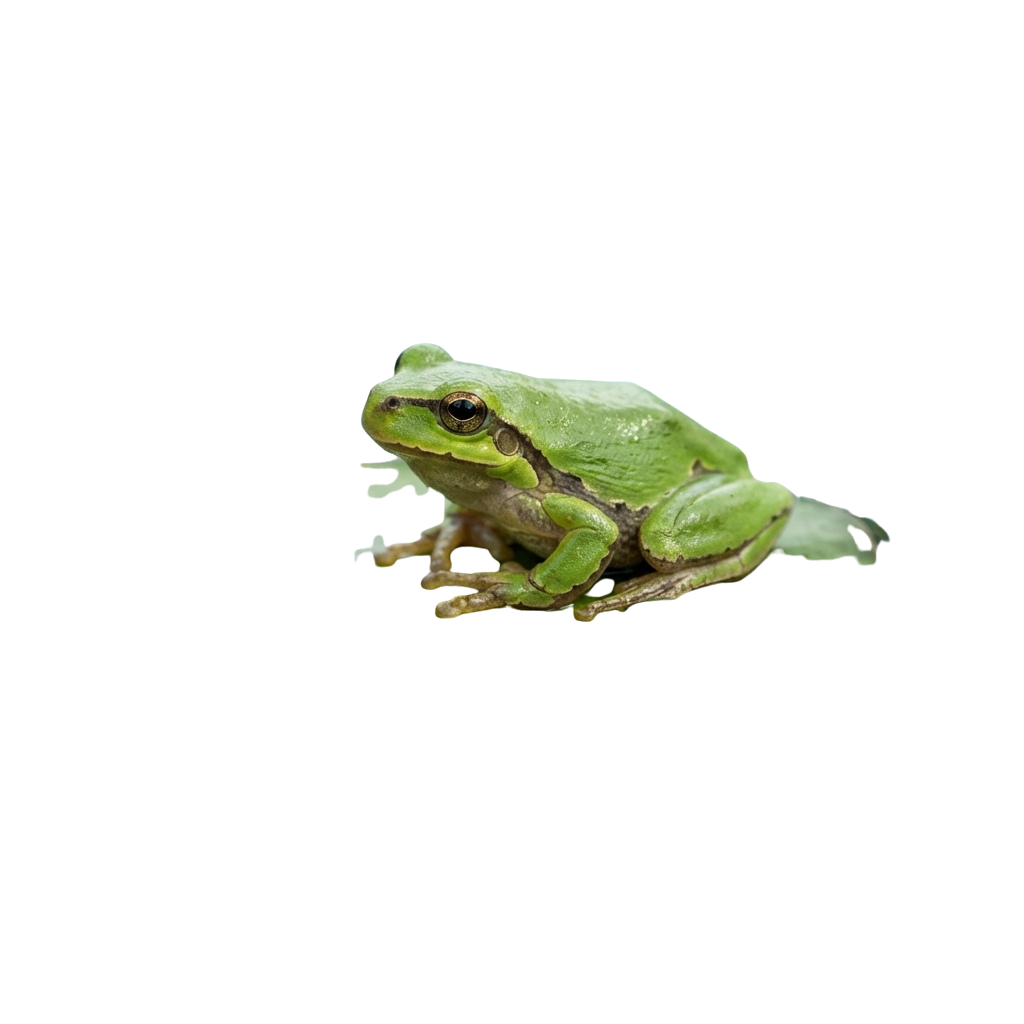 A green tree frog sitting on a branch against a black background